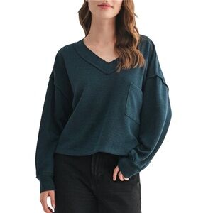 Lush Long Sleeve V-Neck Sweater Knit Top Teal NWT L